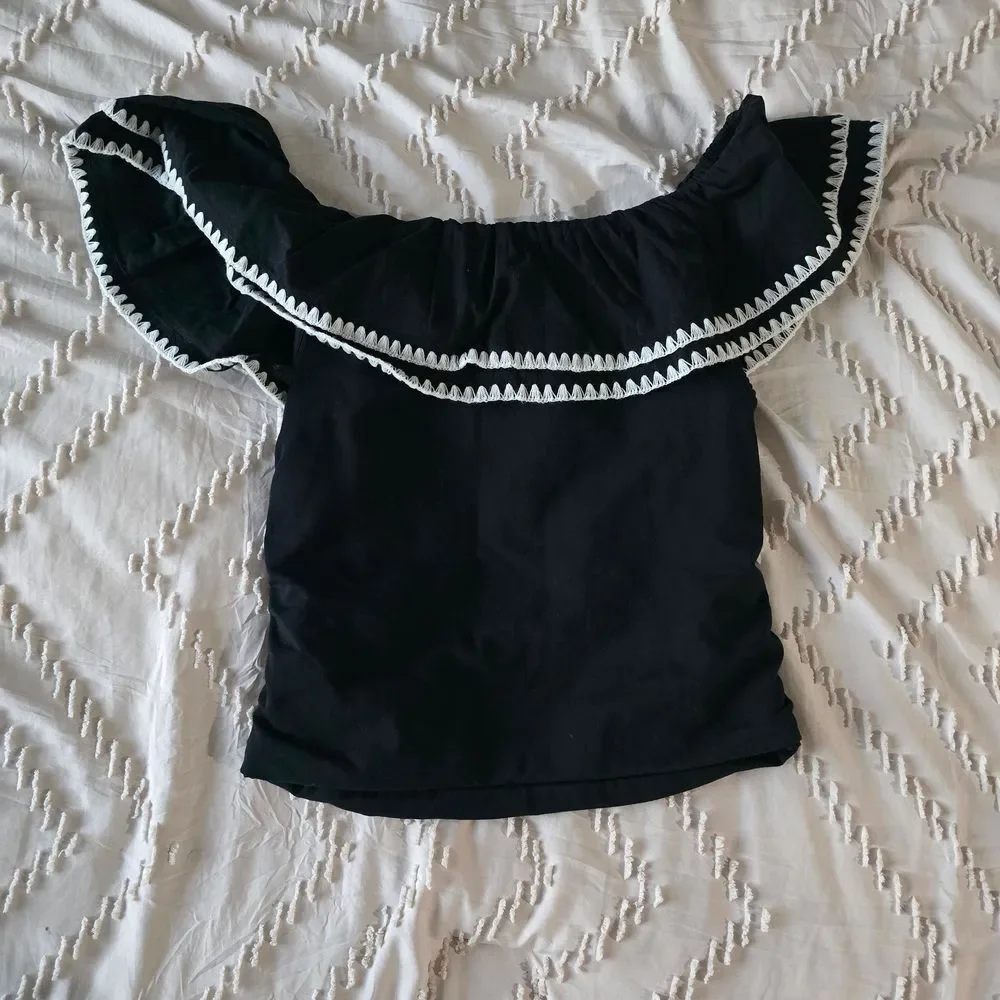 NWT J. Crew Black Off Shoulder Top with White Ruffle Trim